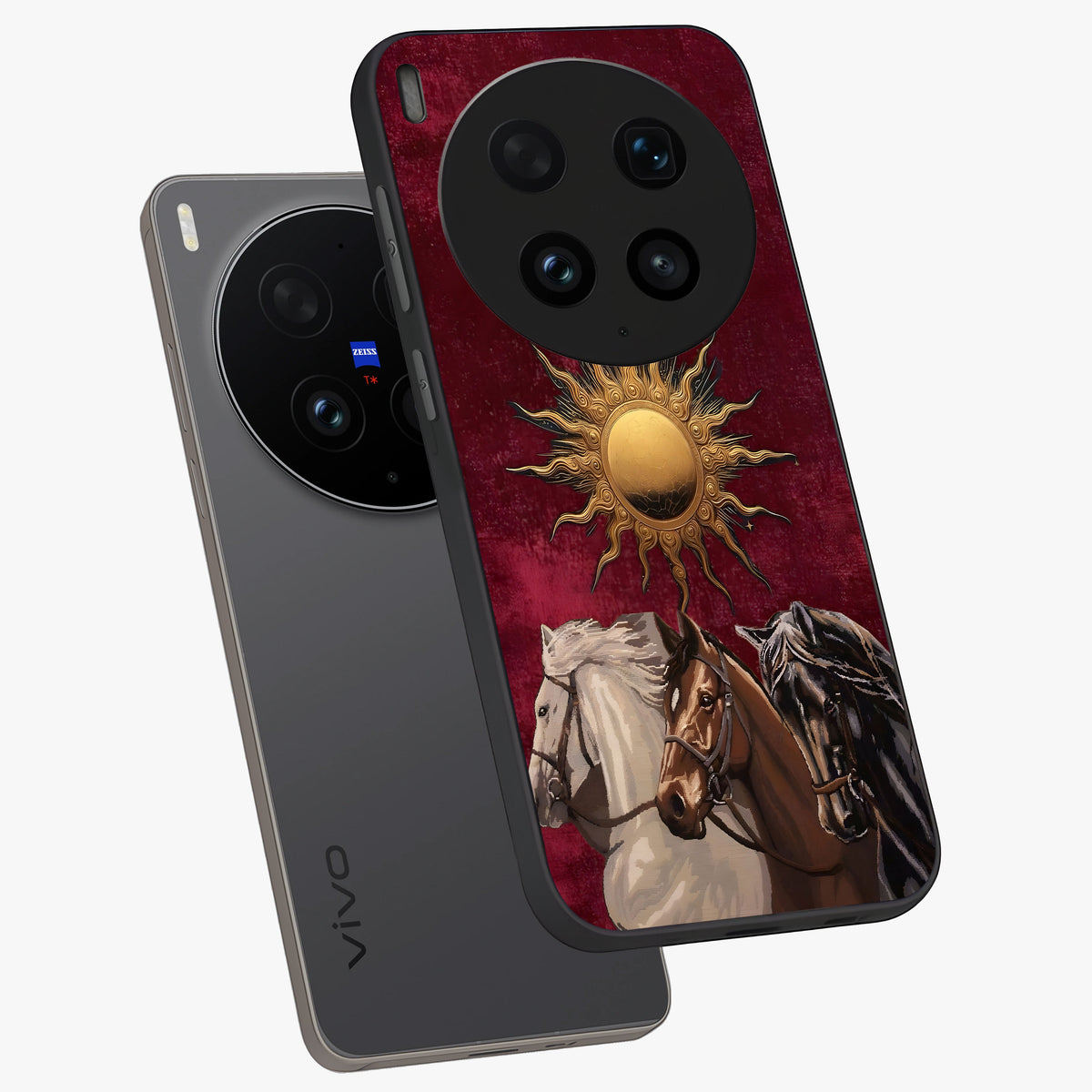 Solar Riders Glass Case displayed in angled mockup highlighting powerful rider illustration with radiant solar aesthetic.