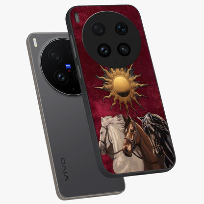 Solar Riders Glass Case displayed in angled mockup highlighting powerful rider illustration with radiant solar aesthetic.