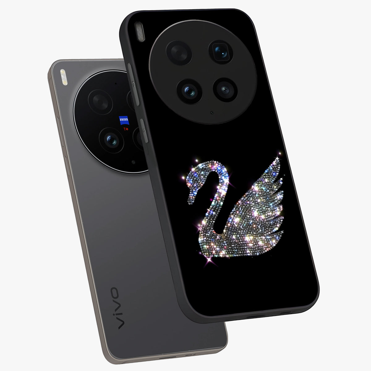 Starlit Swan Grace Glass Case displayed in angled mockup highlighting elegant swan illustration with dreamy celestial aesthetic.
