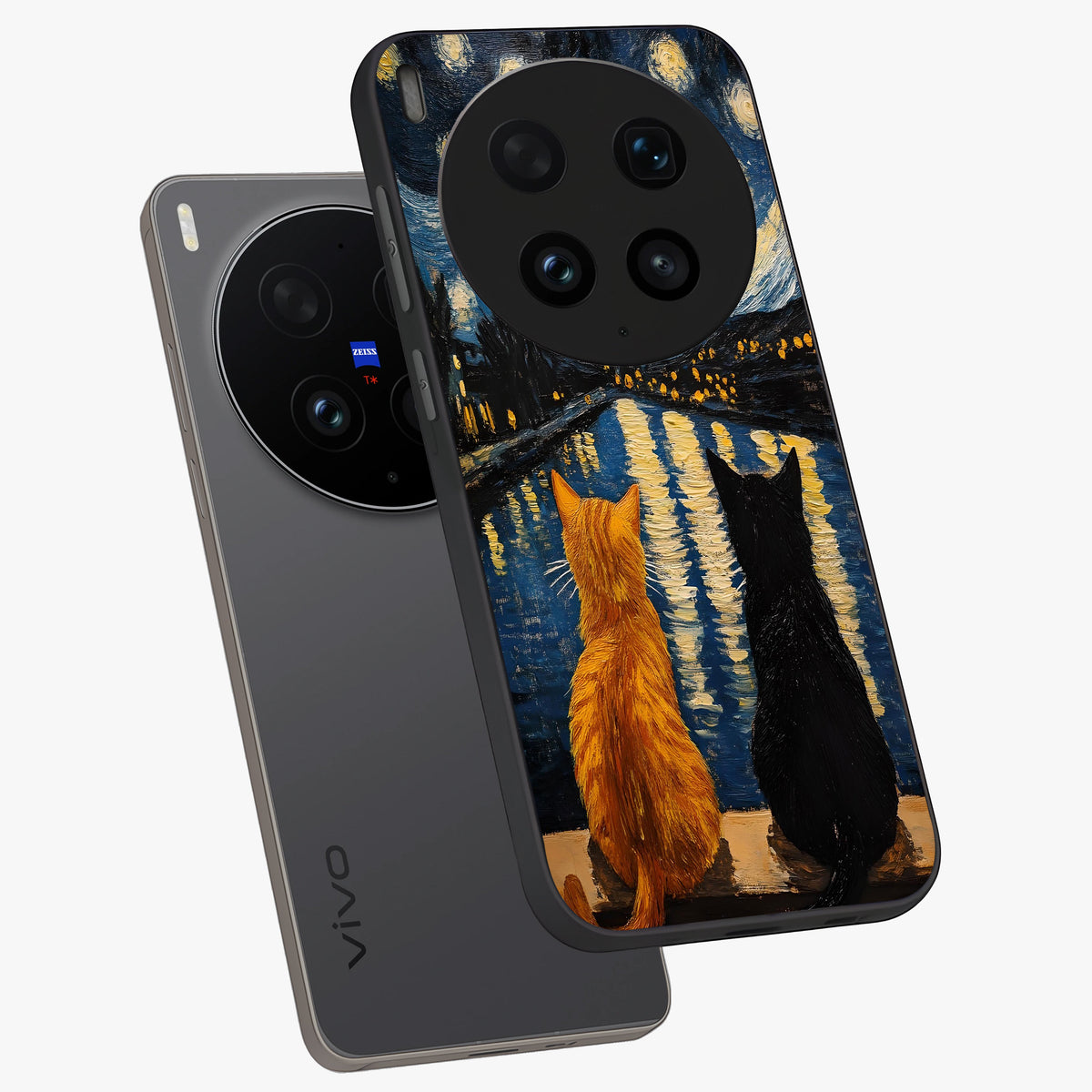 Starry River Cats Glass Case displayed in angled mockup highlighting charming feline illustration with dreamy night aesthetic.