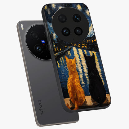 Starry River Cats Glass Case displayed in angled mockup highlighting charming feline illustration with dreamy night aesthetic.