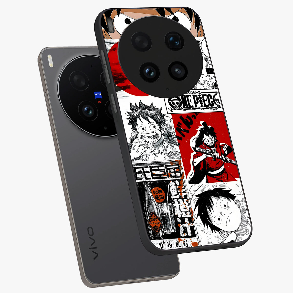Strawhat Chaos Panels Glass Case displayed in angled mockup highlighting vibrant anime collage design with action aesthetic.