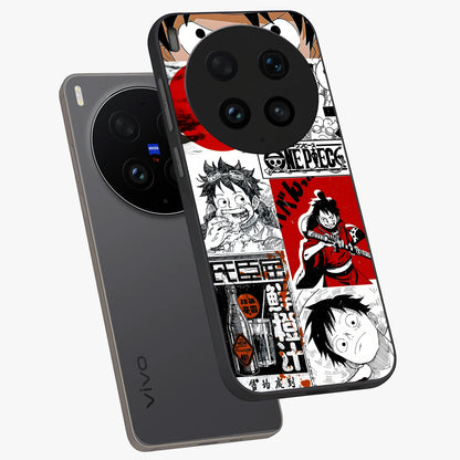 Strawhat Chaos Panels Glass Case displayed in angled mockup highlighting vibrant anime collage design with action aesthetic.