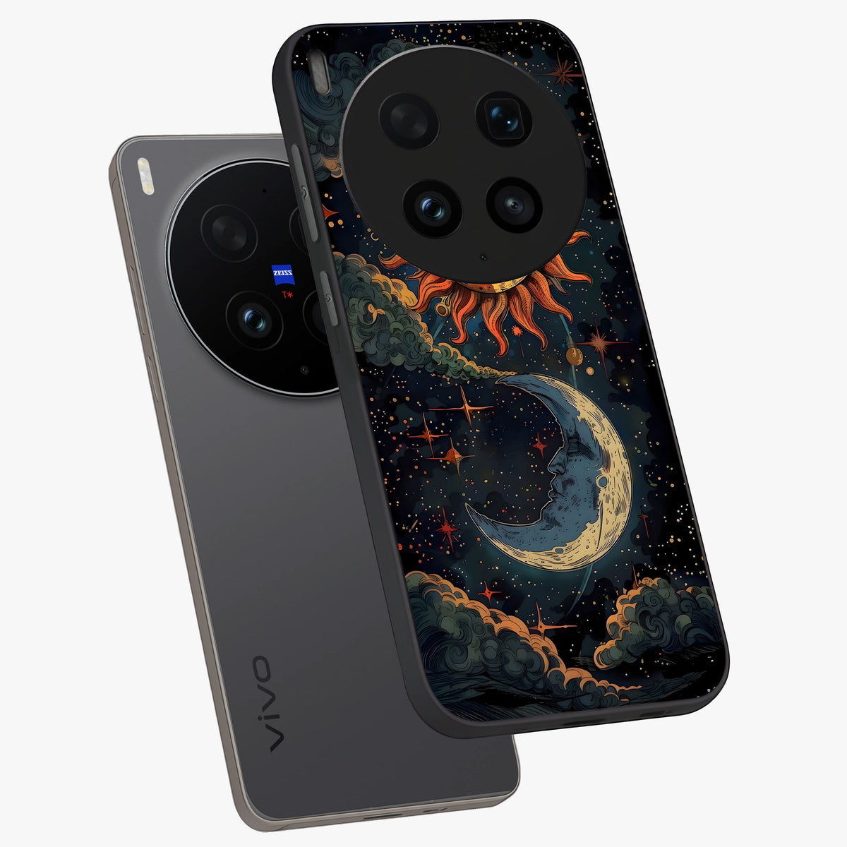 Sun And Moon Magic Design Glass Case displayed in angled mockup highlighting celestial design with magical cosmic aesthetic.