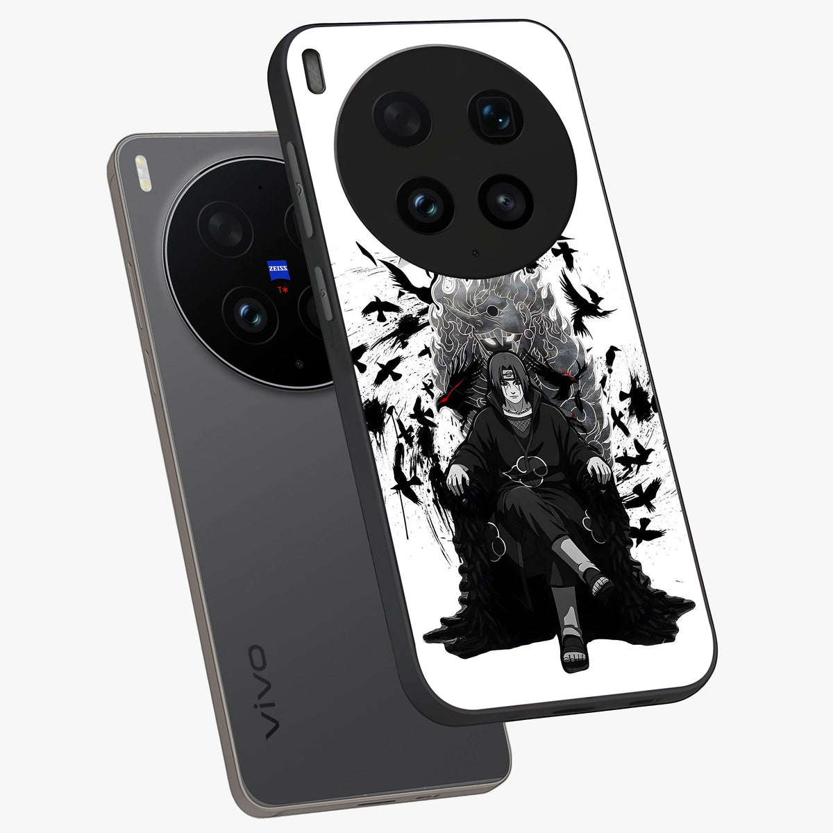Uchiha Shadow Throne Glass Case displayed in angled mockup highlighting glowing aquatic design with celestial aesthetic.