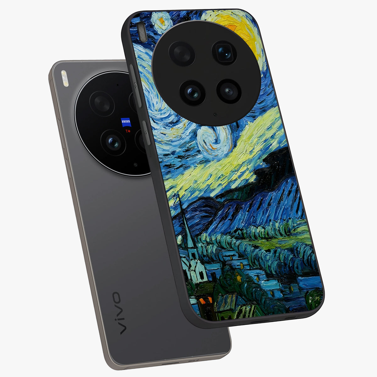 Van Gogh Art Glass Case displayed in angled mockup highlighting swirling brushstroke design with artistic aesthetic.