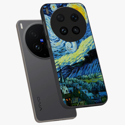 Van Gogh Art Glass Case displayed in angled mockup highlighting swirling brushstroke design with artistic aesthetic.