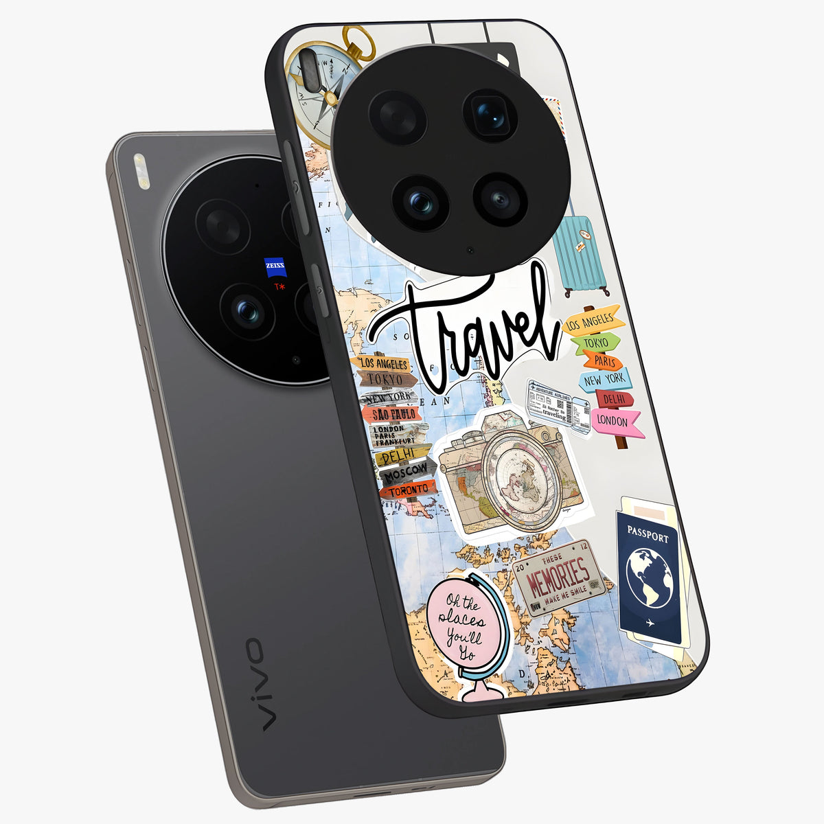 Wanderlust Journal Glass Case displayed in angled mockup highlighting adventure themed design with aesthetic travel vibe.