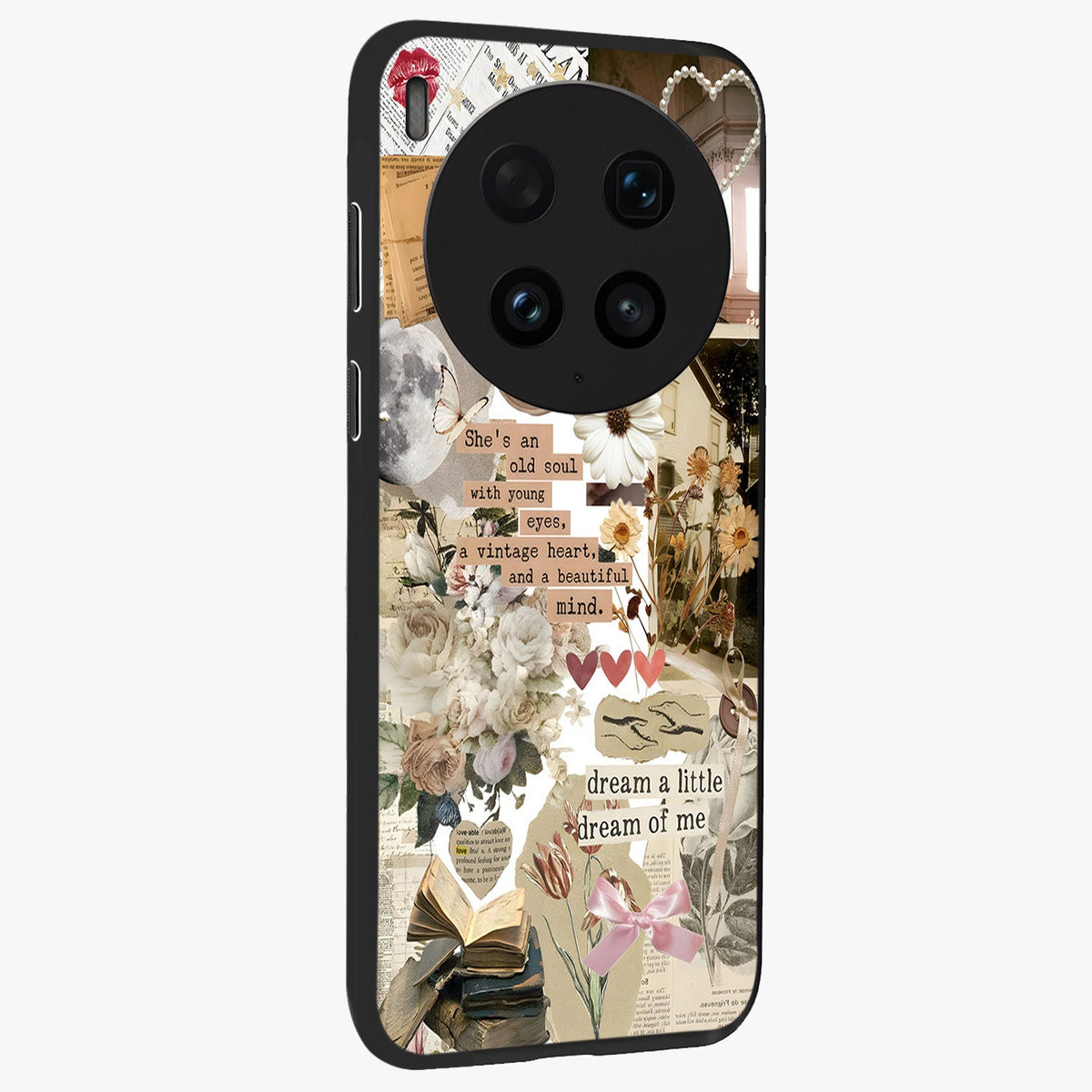 Aesthetic Brown Vintage Collage Glass Case upright view showcasing nostalgic retro artwork with stylish vintage theme.