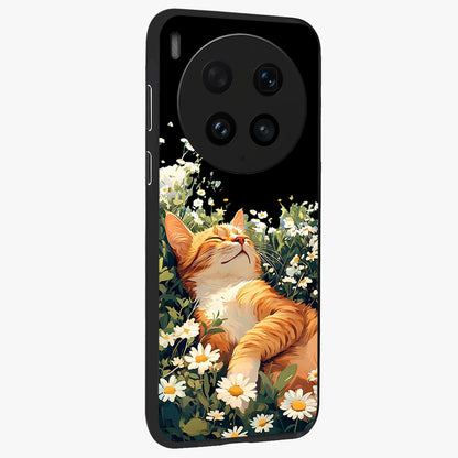 Blissful Bloom Cat Glass Case upright view showcasing charming cat design surrounded by blooming floral elements.