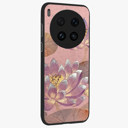 Blossom Mist Lotus Glass Case upright view showcasing graceful lotus flower design with peaceful botanical style.