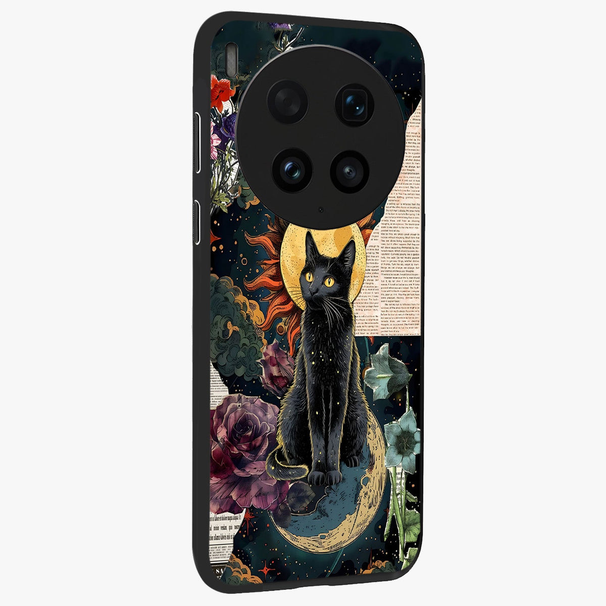 Celestial Black Cat Glass Case upright view showcasing magical black cat illustration with starry cosmic theme.