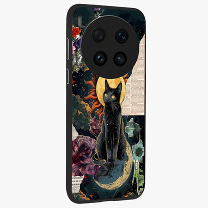 Celestial Black Cat Glass Case upright view showcasing magical black cat illustration with starry cosmic theme.