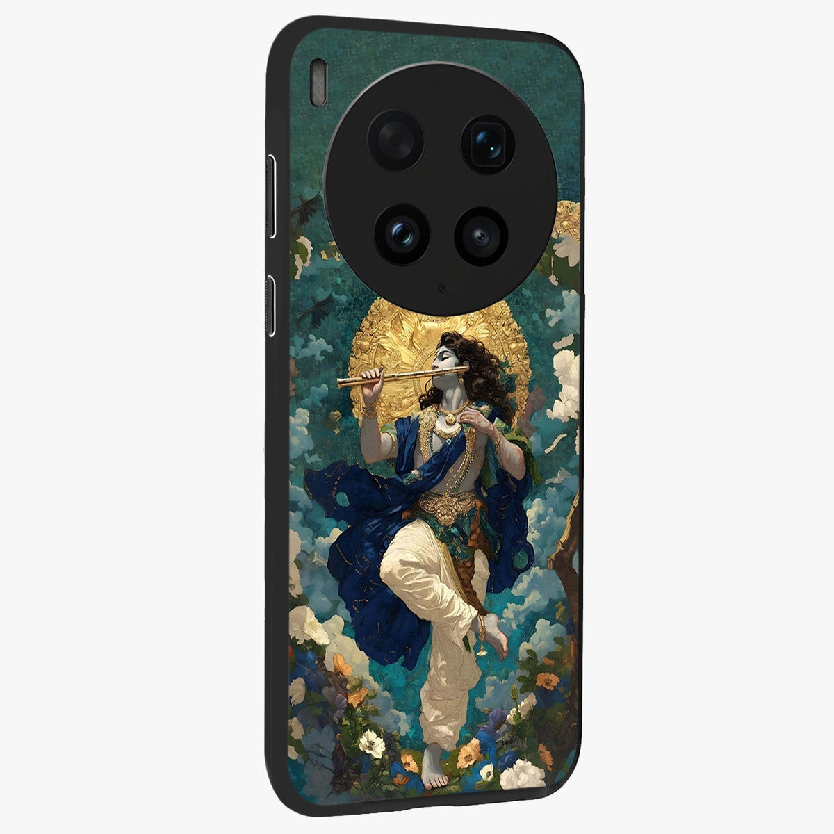 Divine Krishna Art Glass Case upright view showcasing divine Krishna artwork with sacred artistic theme.