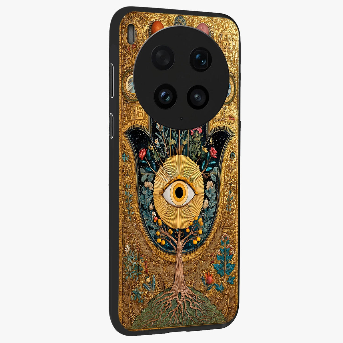 Ethereal Evil Eye Glass Case upright view showcasing celestial evil eye artwork with mystical theme.