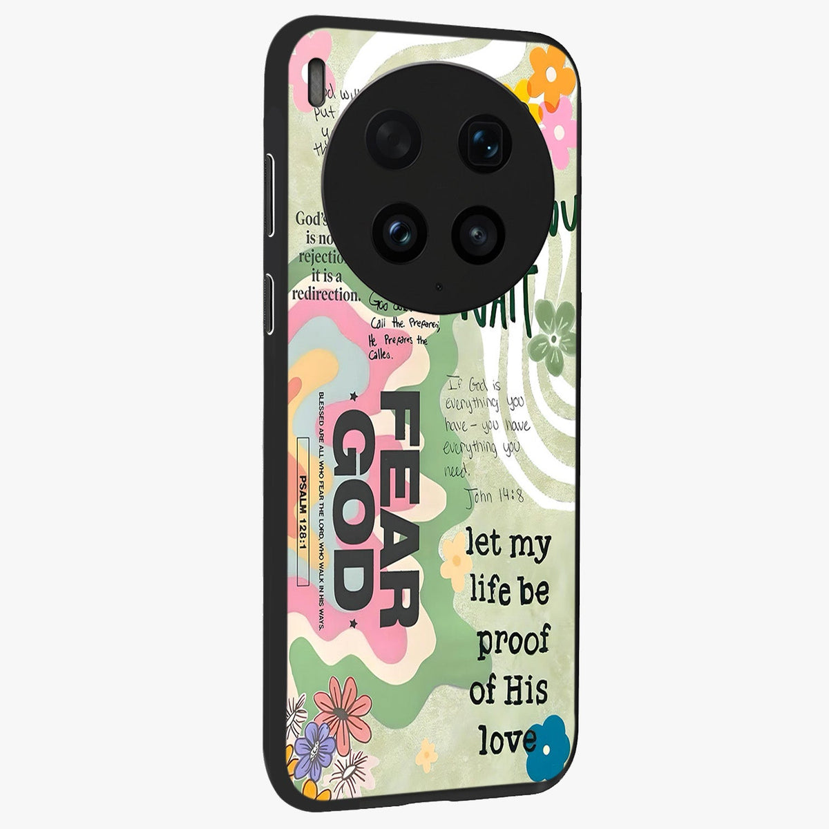 Faith Over Fear Glass Case upright view showcasing bold typography artwork with uplifting motivational theme.