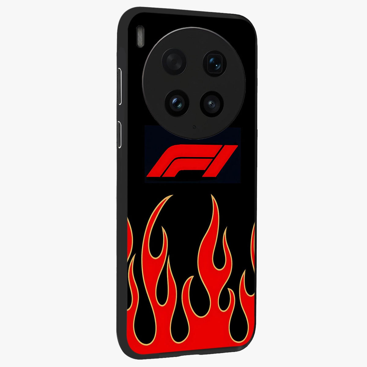 Fire F11 Glass Case upright view showcasing dynamic flame artwork with intense visual theme.