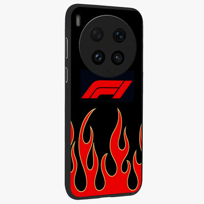 Fire F11 Glass Case upright view showcasing dynamic flame artwork with intense visual theme.