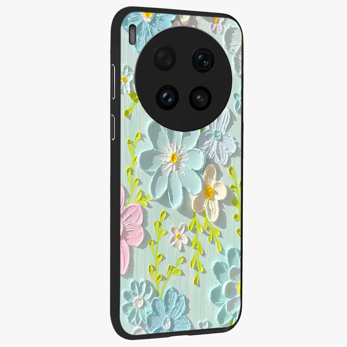 Frosted Petal Garden Glass Case upright view showcasing elegant floral garden artwork with soothing pastel theme.