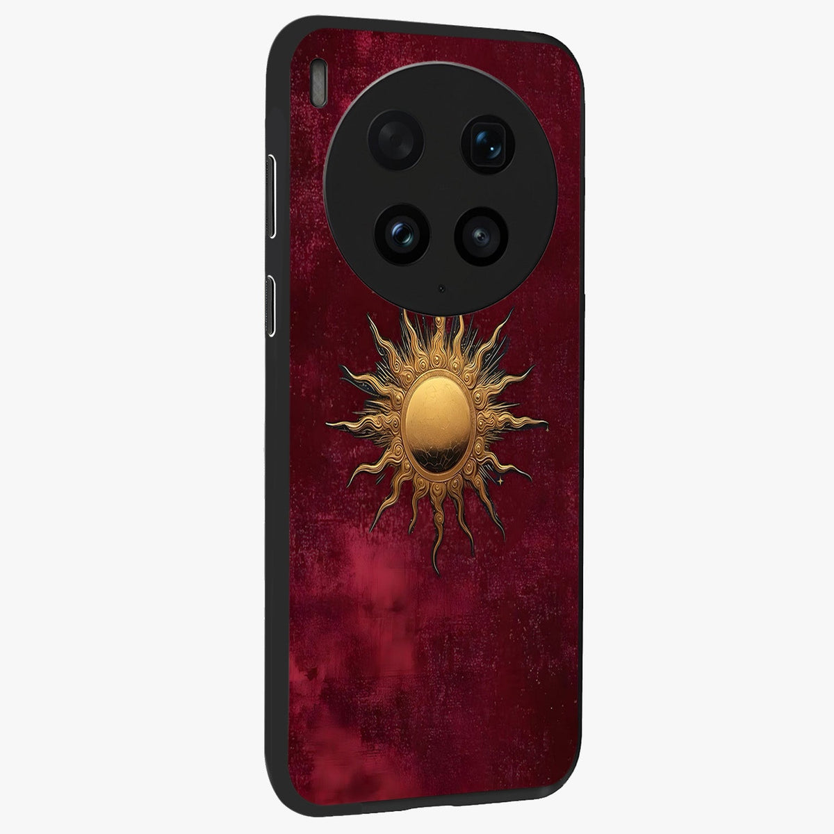 Golden Sun Minimalism Glass Case upright view showcasing simple golden sun artwork with elegant minimalist style.