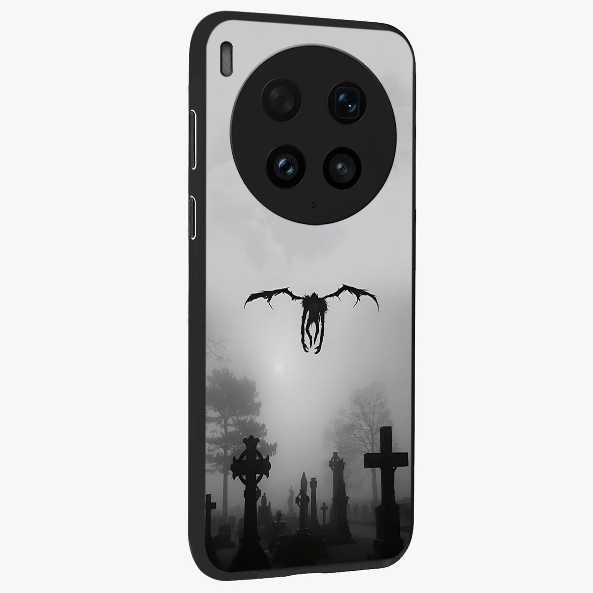 Graveyard Shadow Descent Glass Case upright view showcasing haunting graveyard artwork with dramatic dark theme.