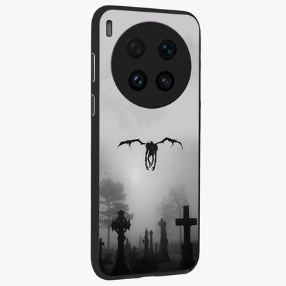 Graveyard Shadow Descent Glass Case upright view showcasing haunting graveyard artwork with dramatic dark theme.