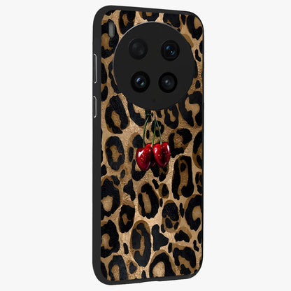 Leopard Wild Cherry Glass Case upright view showcasing stylish leopard pattern artwork with trendy fashion theme.