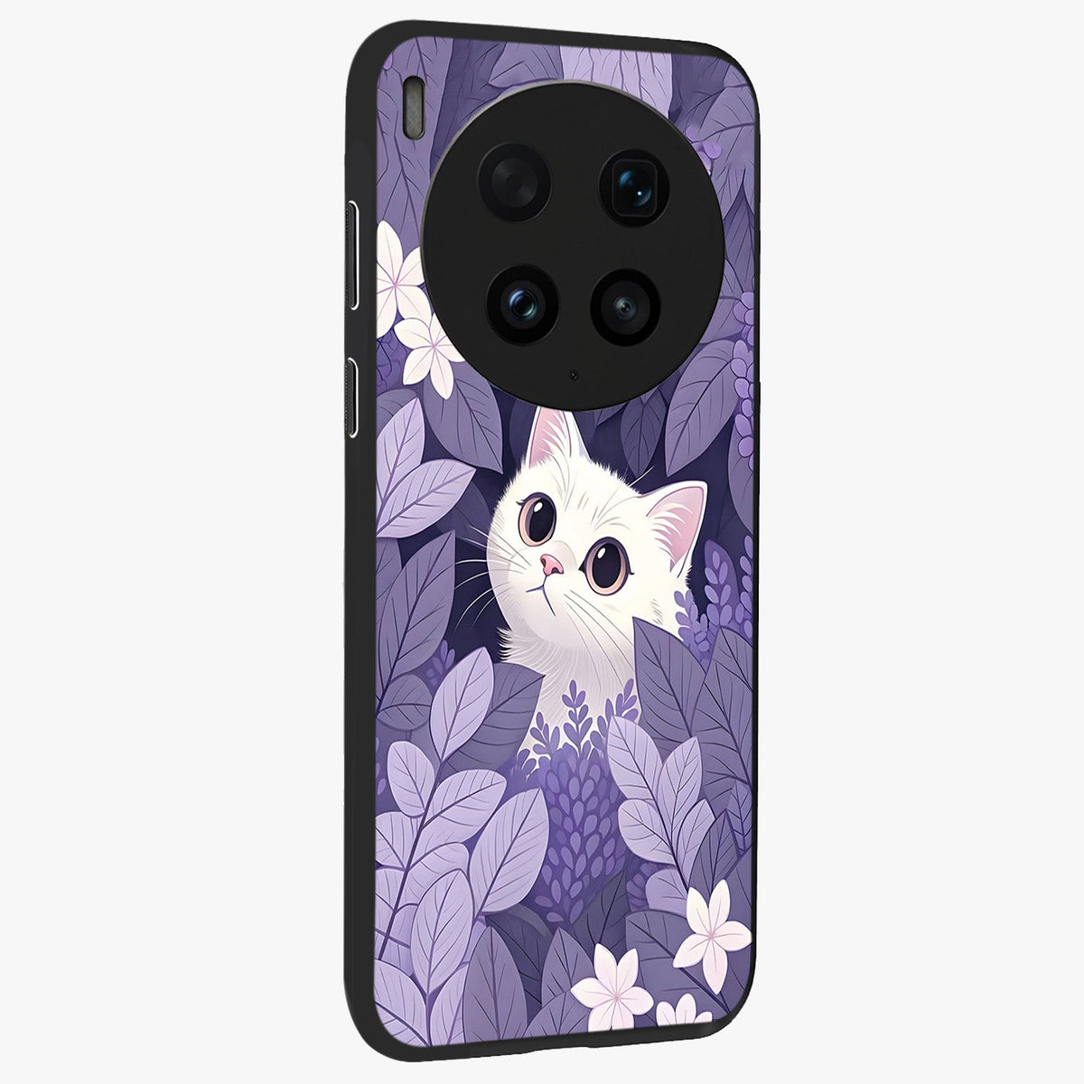 Lilac Hide Peek Cat Glass Case upright view showcasing charming cat artwork with adorable peek theme.