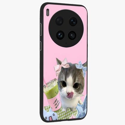 Love Matcha Cat Glass Case upright view showcasing adorable cat artwork with charming matcha themed design.