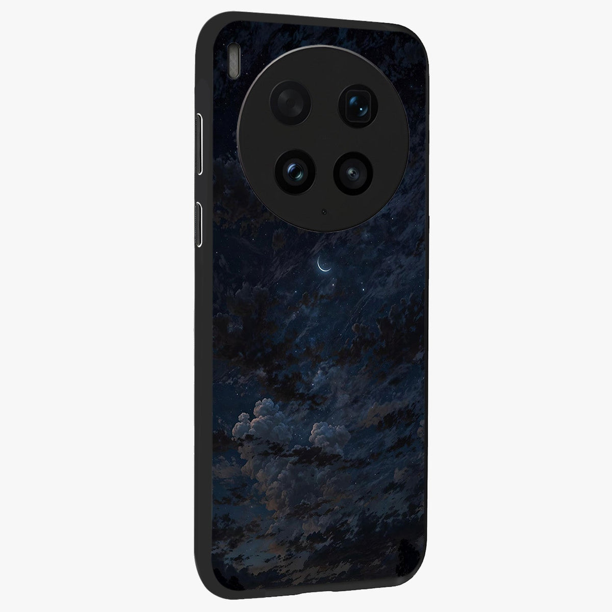 Lunar Veil Silence Glass Case upright view showcasing calm moon themed artwork with serene night atmosphere.