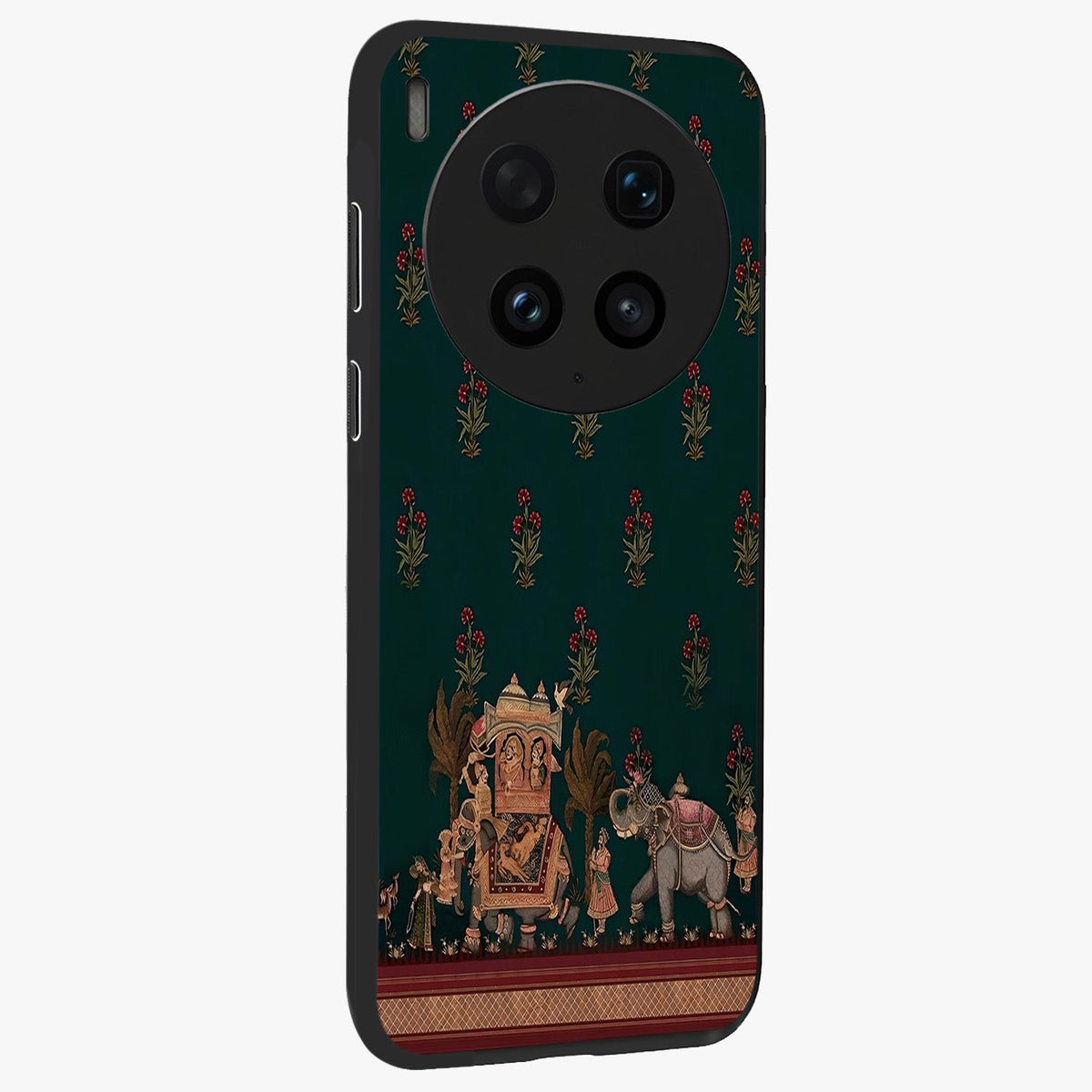 Macmerise Glass Case upright view showcasing bold artistic artwork with contemporary design theme.