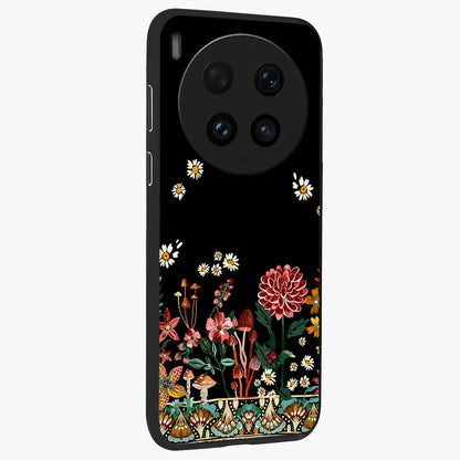 Midnight Bloom Pattern Glass Case upright view showcasing decorative floral artwork with deep night themed palette.