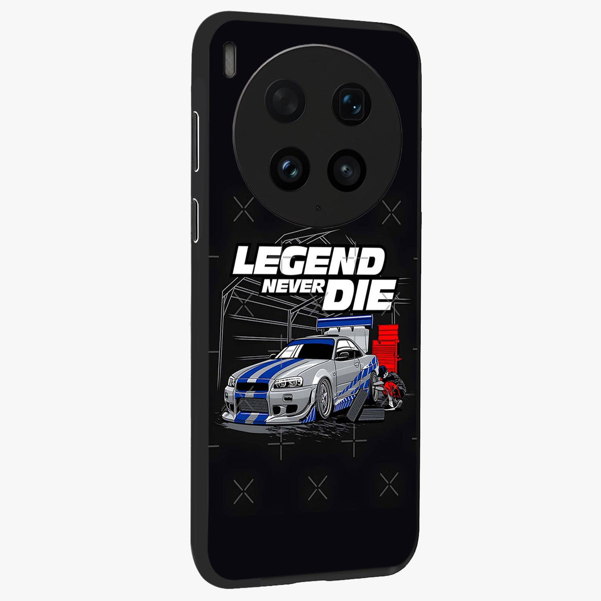 Midnight Racing Legacy Glass Case upright view showcasing powerful racing artwork with modern sports theme.
