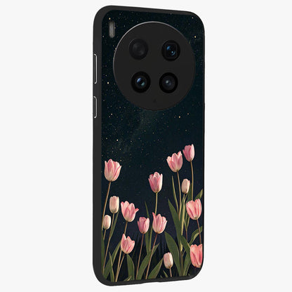 Midnight Tulip Whispers Vibe Glass Case upright view showcasing graceful tulip artwork with calm botanical theme.