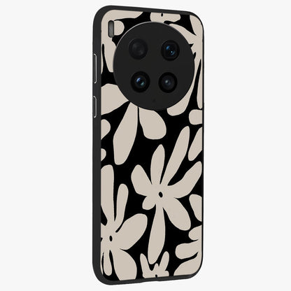 Monochrome Petal Dance Glass Case upright view showcasing artistic floral pattern with stylish monochrome theme.