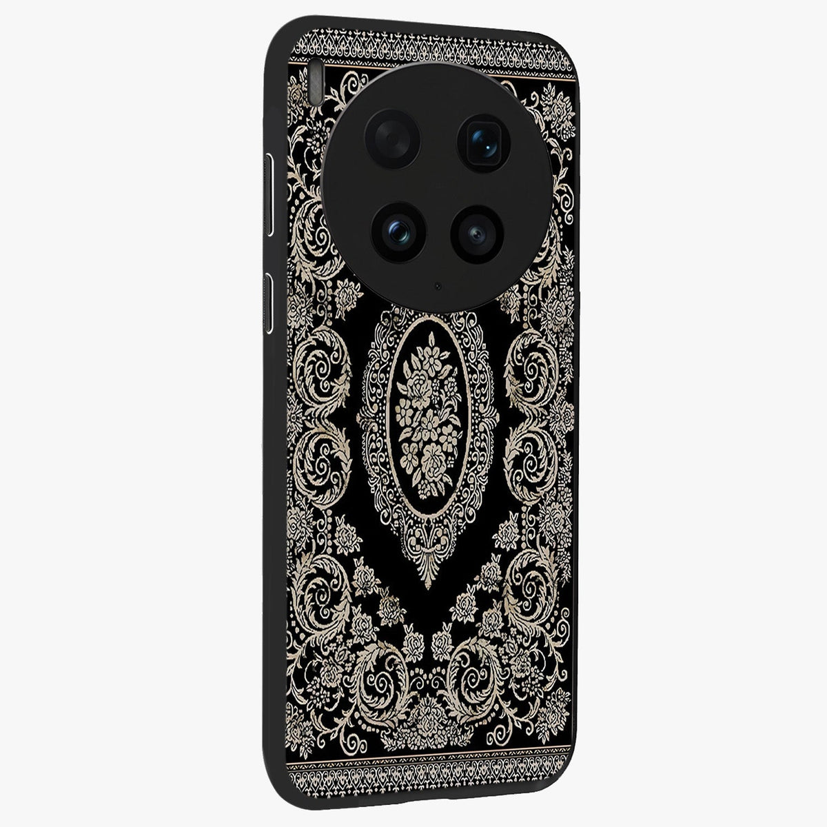 Noir Bloom Elegance Glass Case upright view showcasing graceful floral artwork with luxurious dark theme.