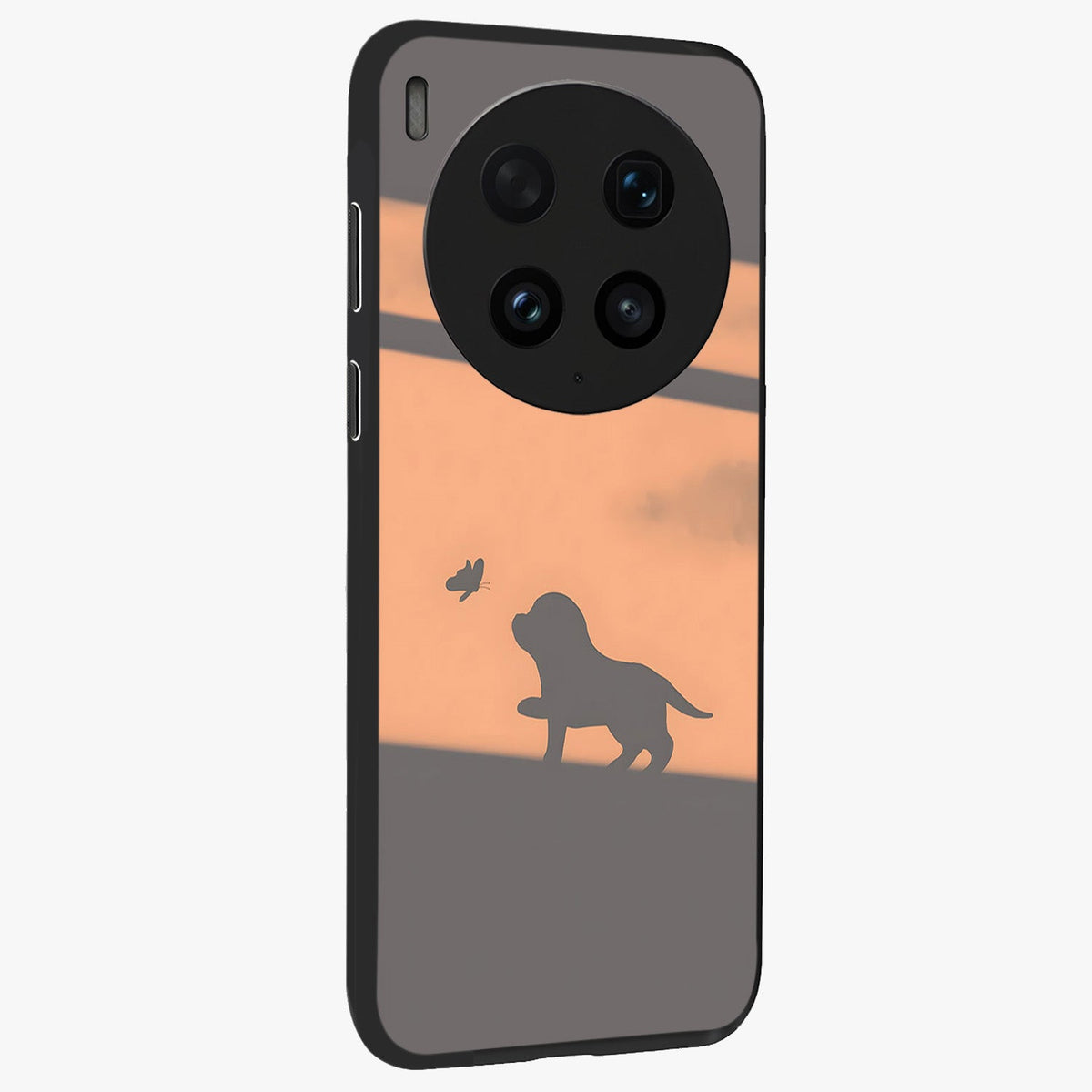 Puppy Shadow Art Glass Case upright view showcasing charming puppy artwork with creative silhouette theme.