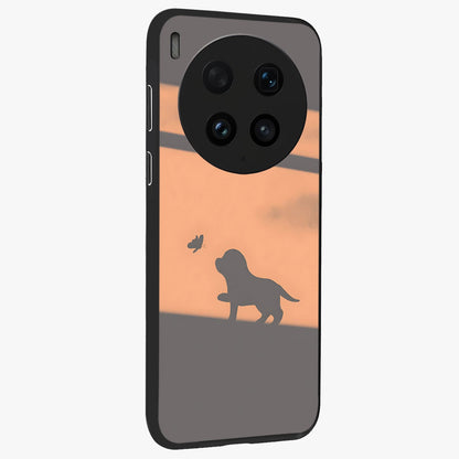 Puppy Shadow Art Glass Case upright view showcasing charming puppy artwork with creative silhouette theme.
