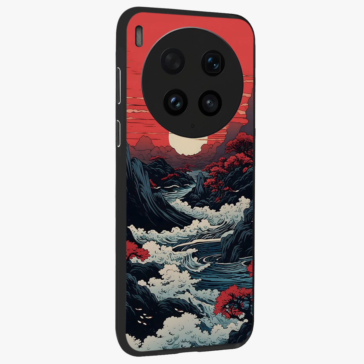 Red Sunset Scenery Glass Case upright view showcasing dramatic sunset scenery artwork with warm nature theme.