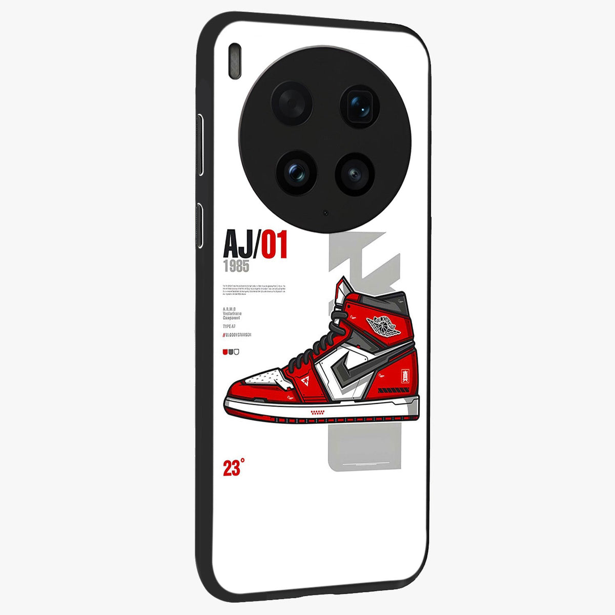 Retro Sneaker Blueprint Glass Case upright view showcasing stylish sneaker illustration with vintage streetwear theme.