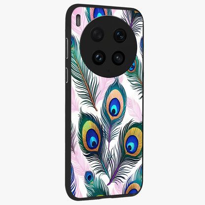Royal Peacock Feathers Glass Case upright view showcasing elegant peacock feather artwork with decorative royal theme.