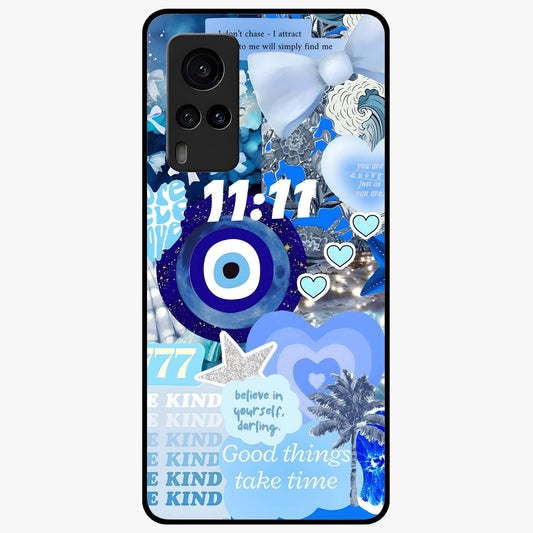 Aesthetic Be Kind Eye Glass Case showing flat back view with motivational eye artwork and glossy glass finish.