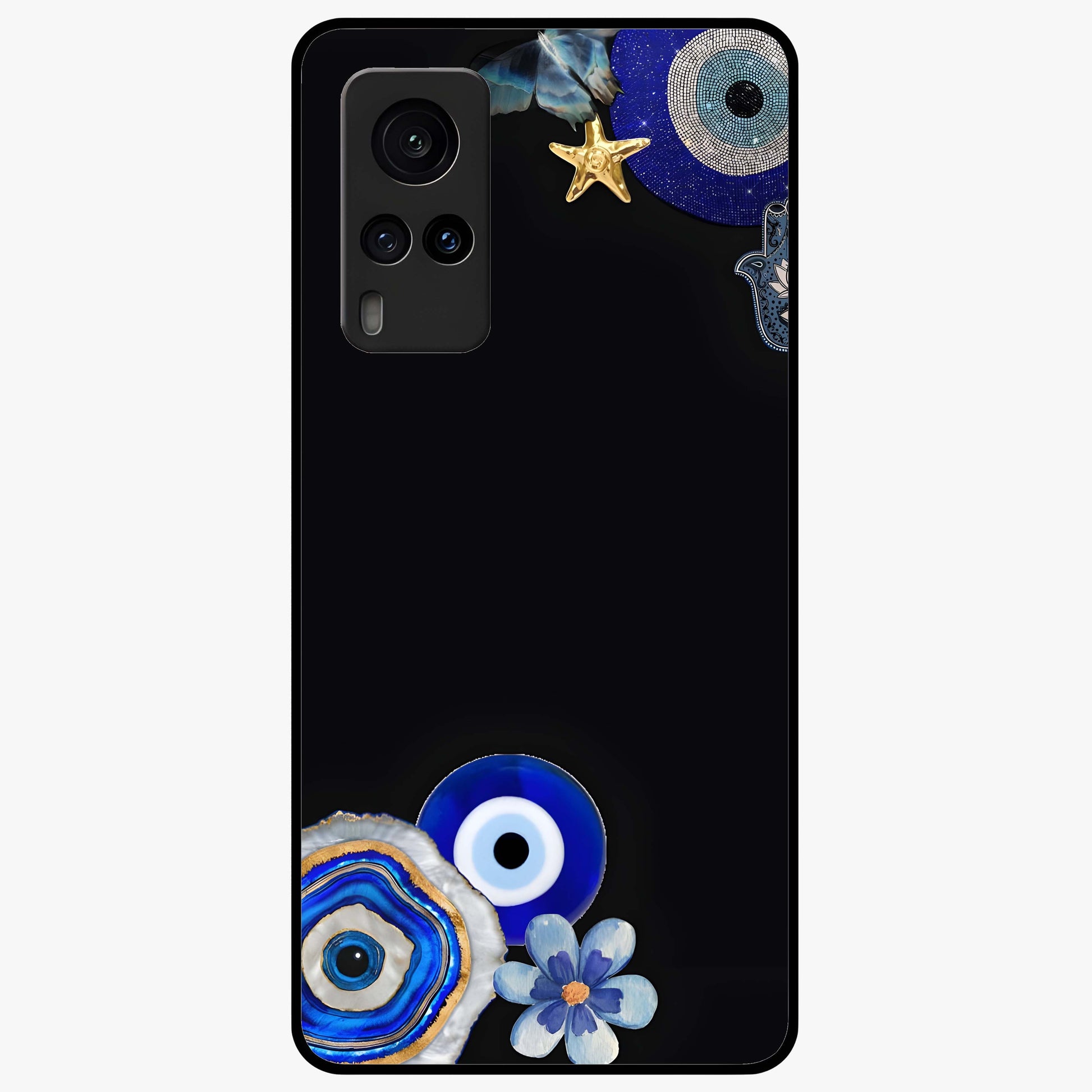 Aesthetic Blue Evil Eye Glass Case showing flat back view with protective evil eye artwork and glossy glass finish.