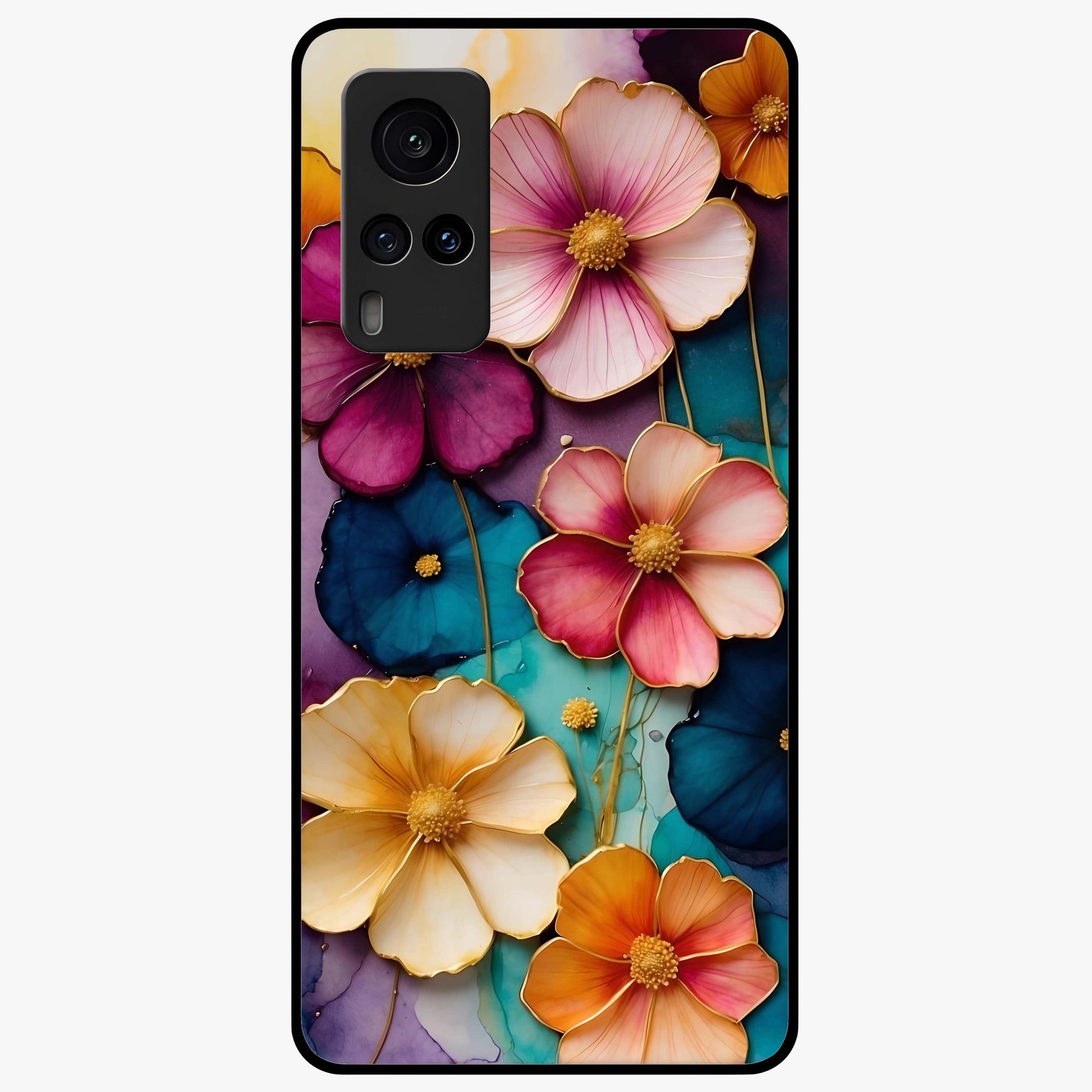 Artlyn Grace Flower Pattern Glass Case showing flat back view with elegant floral pattern artwork and glossy glass finish.