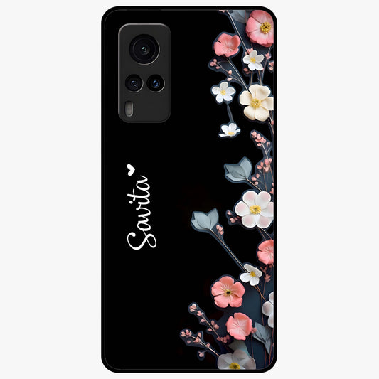 Black Elegance Floral Custom Name Glass Case showing flat back view with elegant floral artwork and personalized name design.