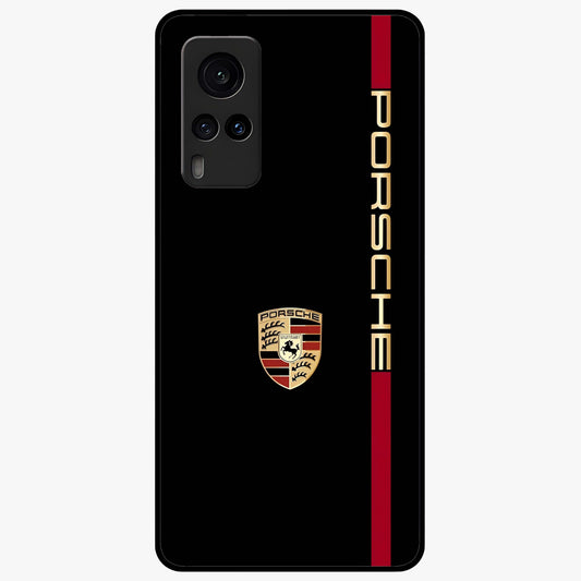 Black Minimal Porsche Glass Case showing flat back view with sleek minimal sports car artwork and glossy glass finish.