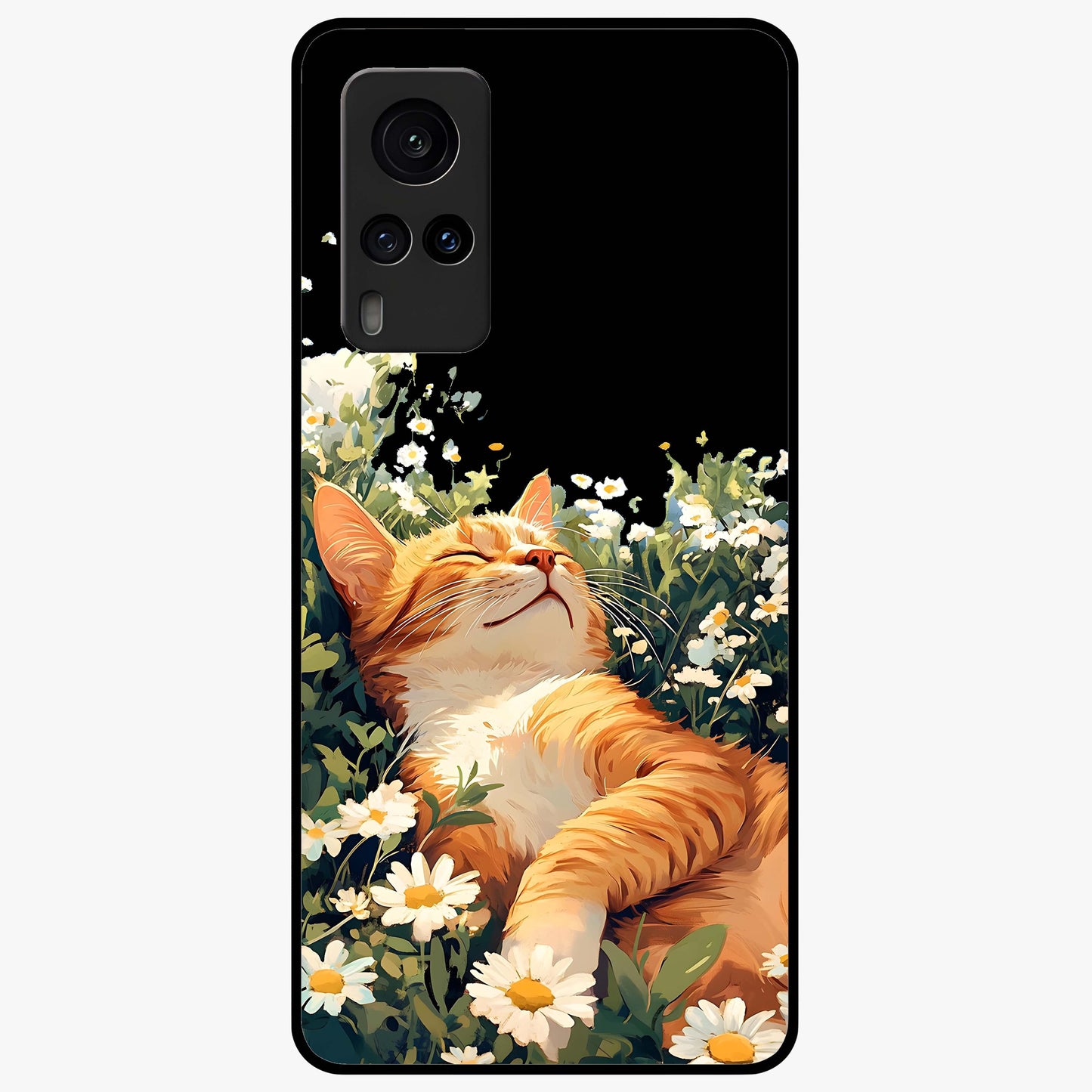 Blissful Bloom Cat Glass Case showing flat back view with cute cat and floral bloom artwork and glossy glass finish.