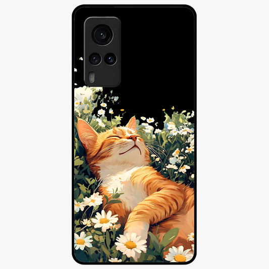 Blissful Bloom Cat Glass Case showing flat back view with cute cat and floral bloom artwork and glossy glass finish.