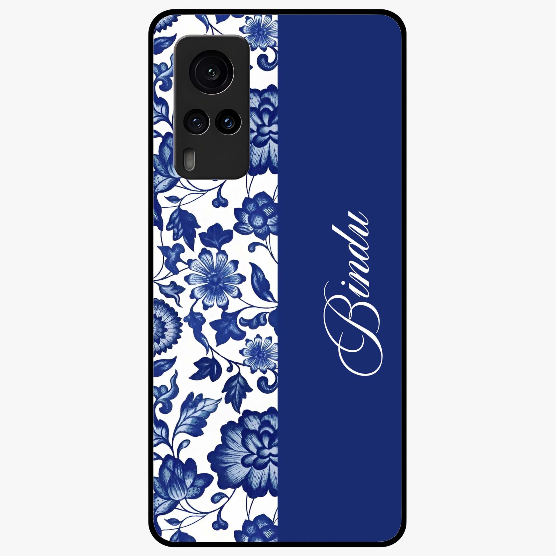 Blue Vintage Floral Pattern Glass Case upright view showcasing timeless floral illustration with vintage inspired style.