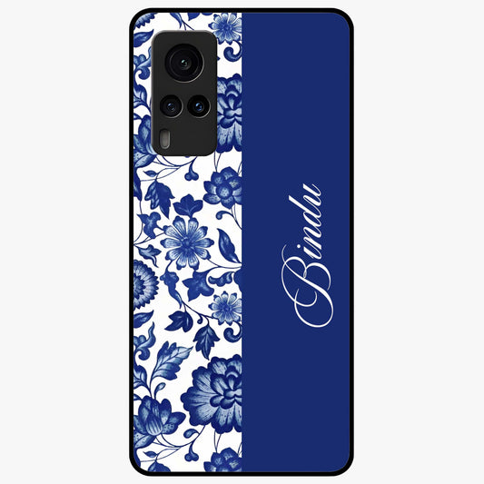 Blue Vintage Floral Pattern Glass Case upright view showcasing timeless floral illustration with vintage inspired style.